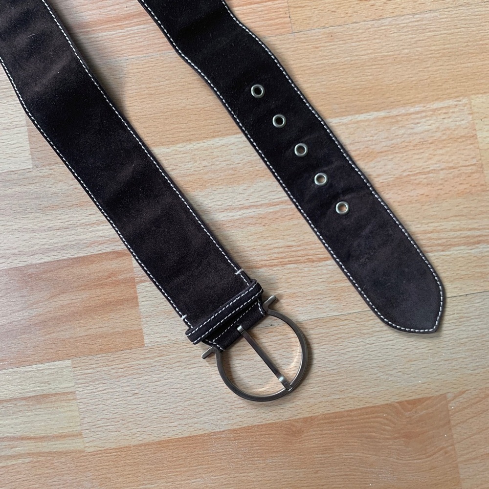 Salvatore Ferragamo chocolate Brown Suede women’s Belt Gancini logo Metal Buckle